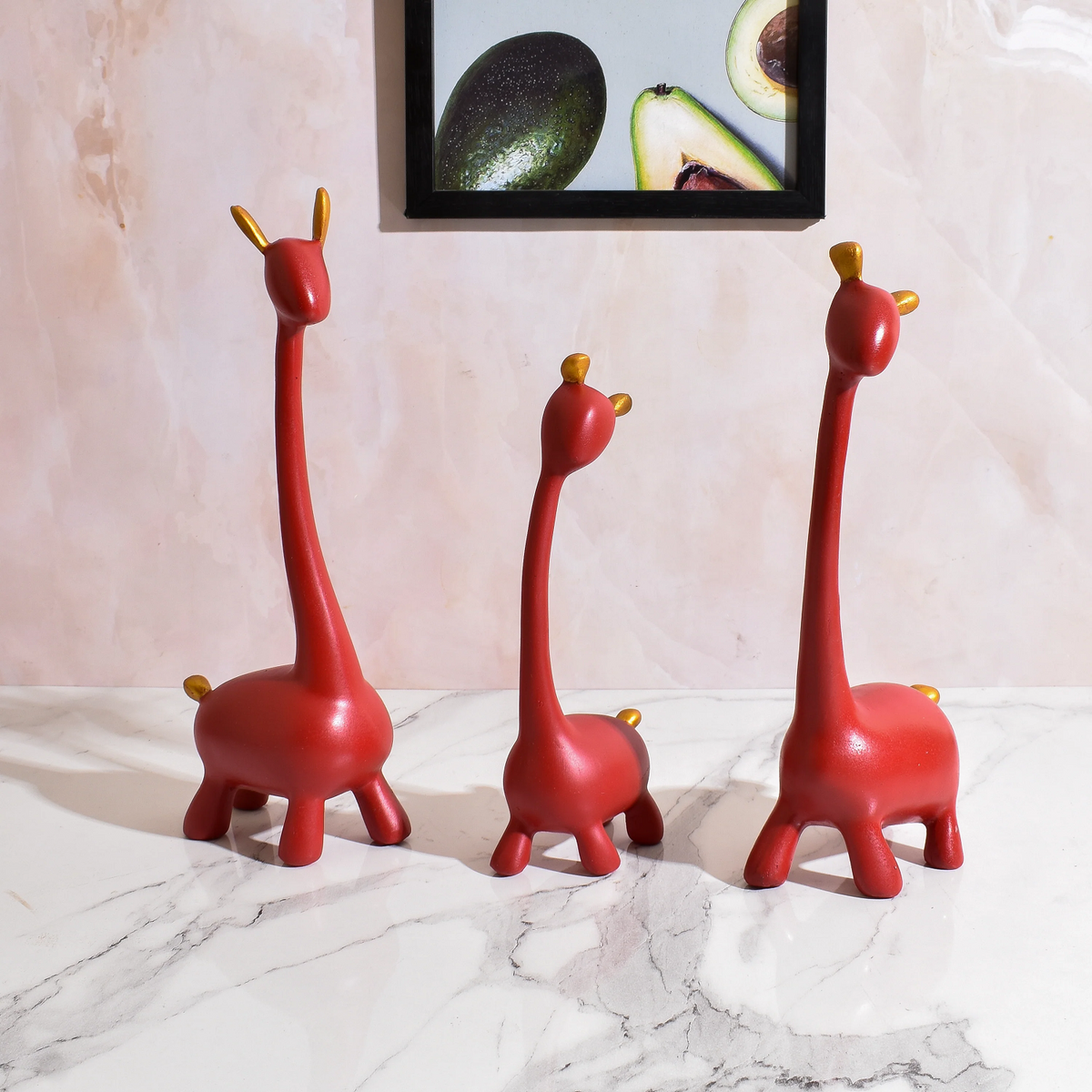 Polyresin Giraffe Family Red Statue Set Of 3