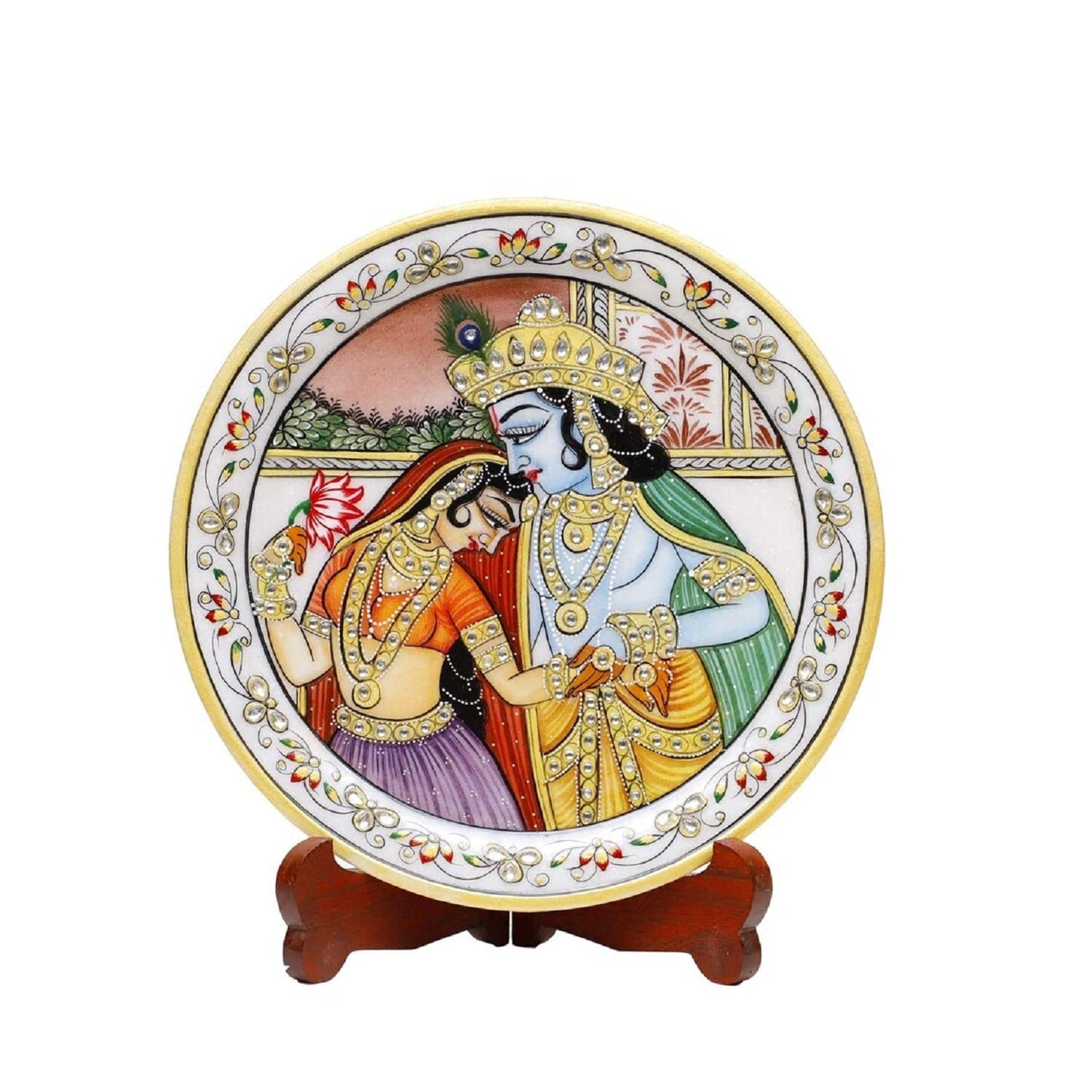 Marbel Round Radha Krishan Plate With Wood Stand