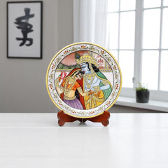 Marbel Round Radha Krishan Plate With Wood Stand