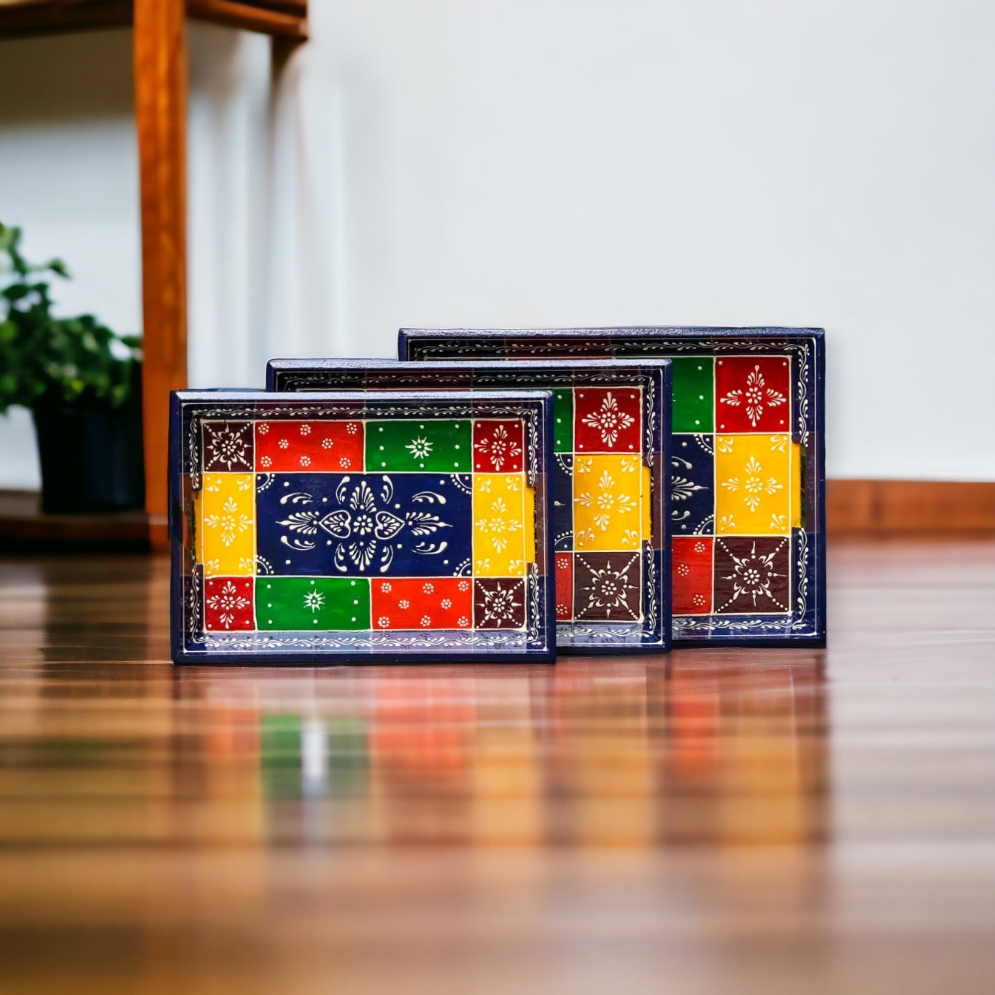 Wooden Serving Tray Hand Painted Set of 3