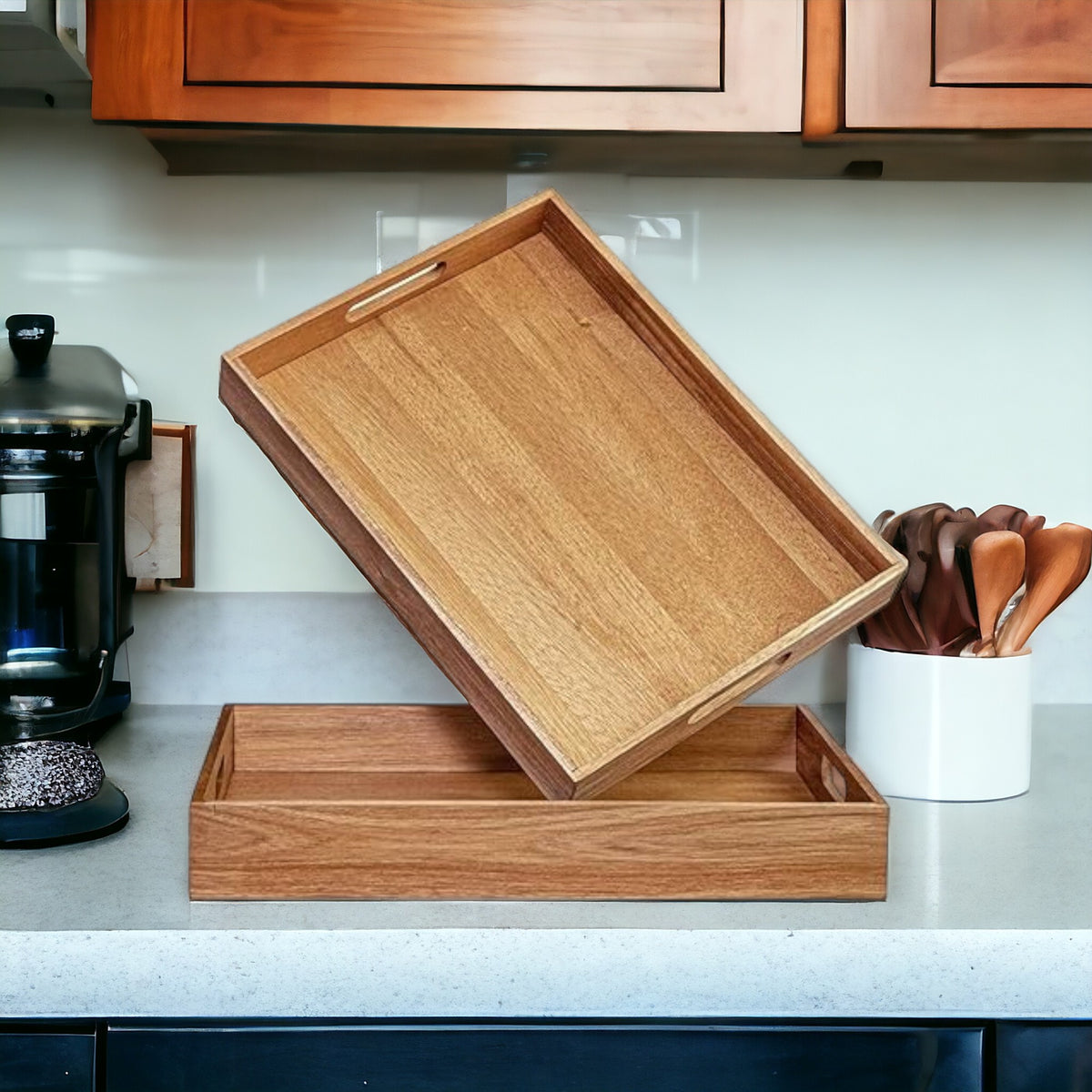 Acacia Wooden Serving Tray With Handles Set of 2