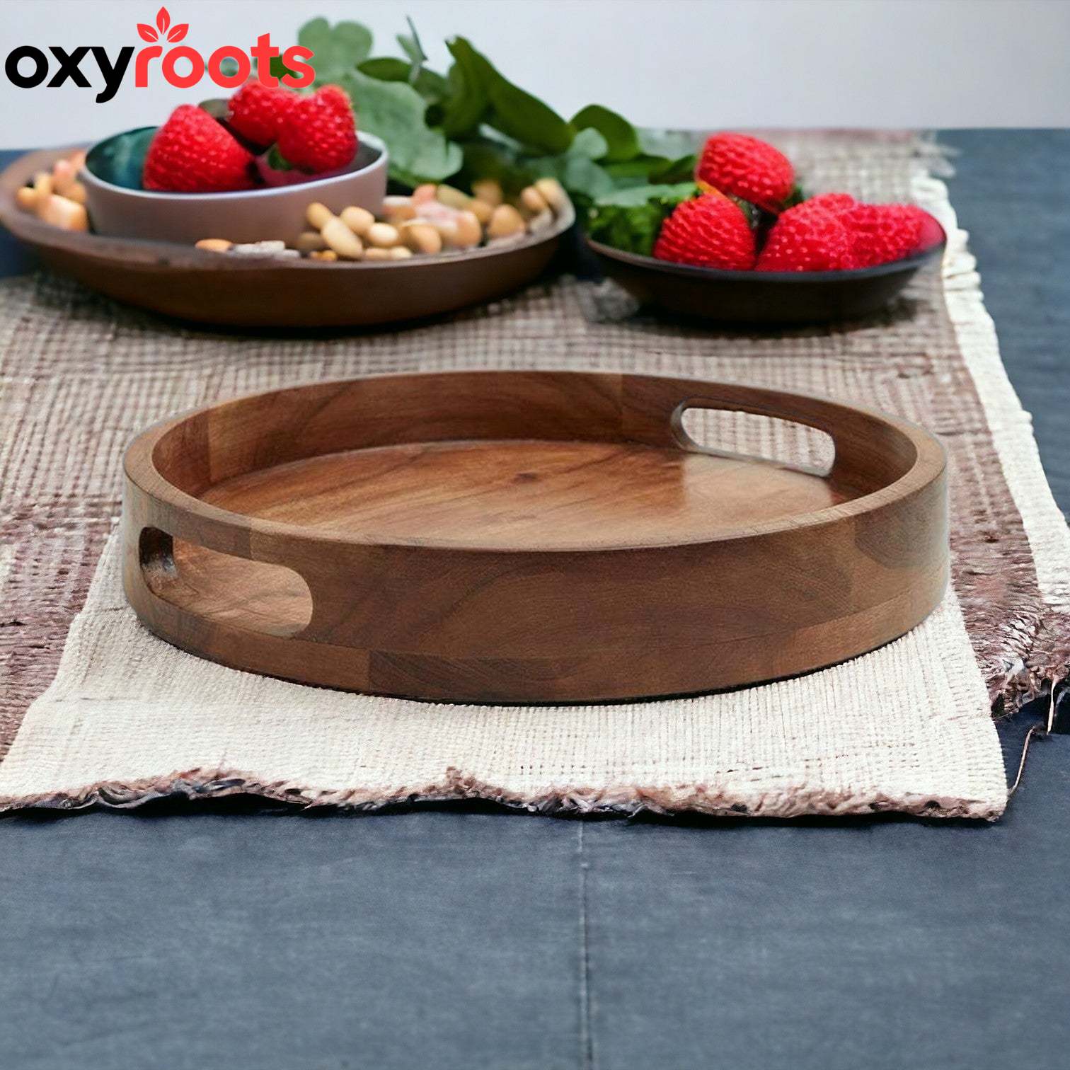 Hand Tray Wooden Hand Made Round Serving Tray - Oxyroots Handicraft – OXYROOTS ...