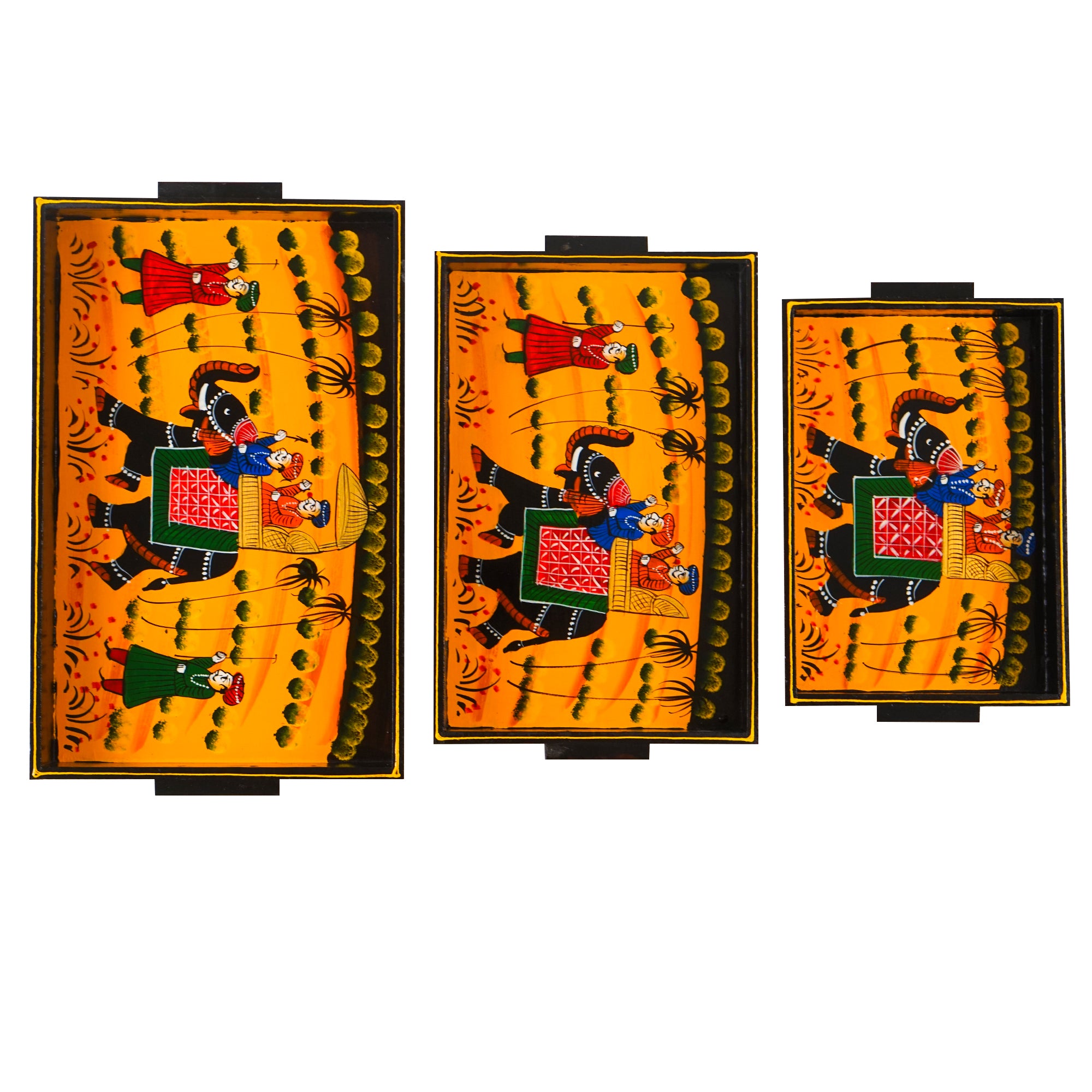 Wooden Tray Serving Hand Painted Set of 3