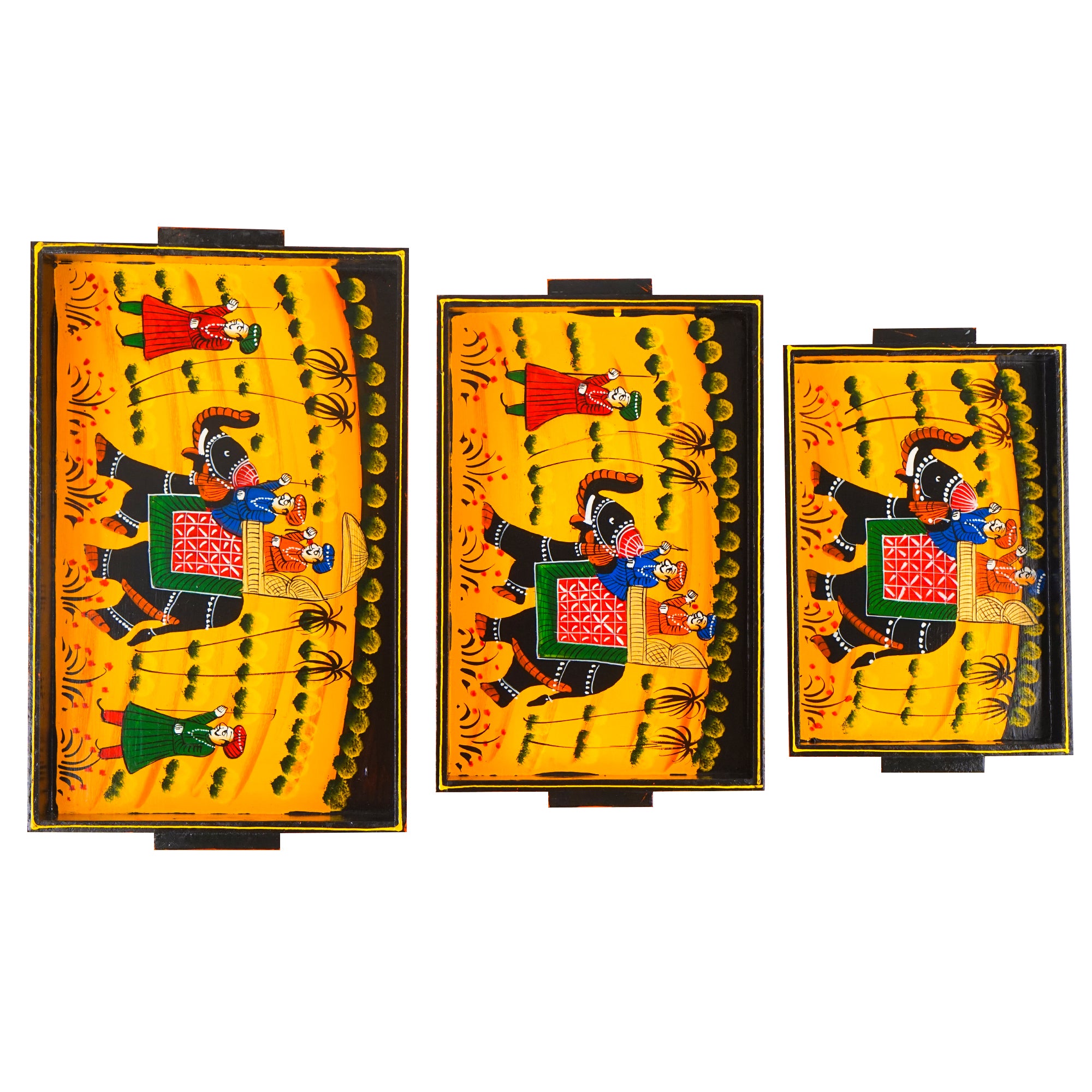 Wooden Tray Serving Hand Painted Set of 3