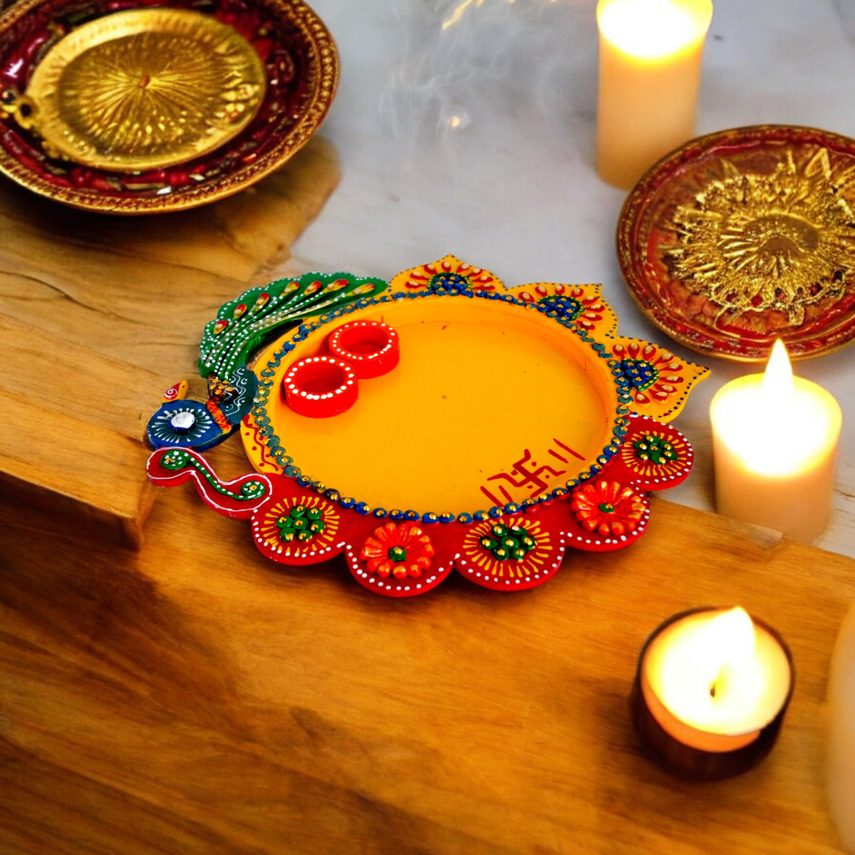 Wooden Decorative Pooja Thali Peacock Design