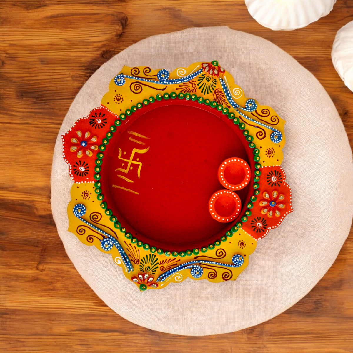 Wooden Pooja Thali With Decorative