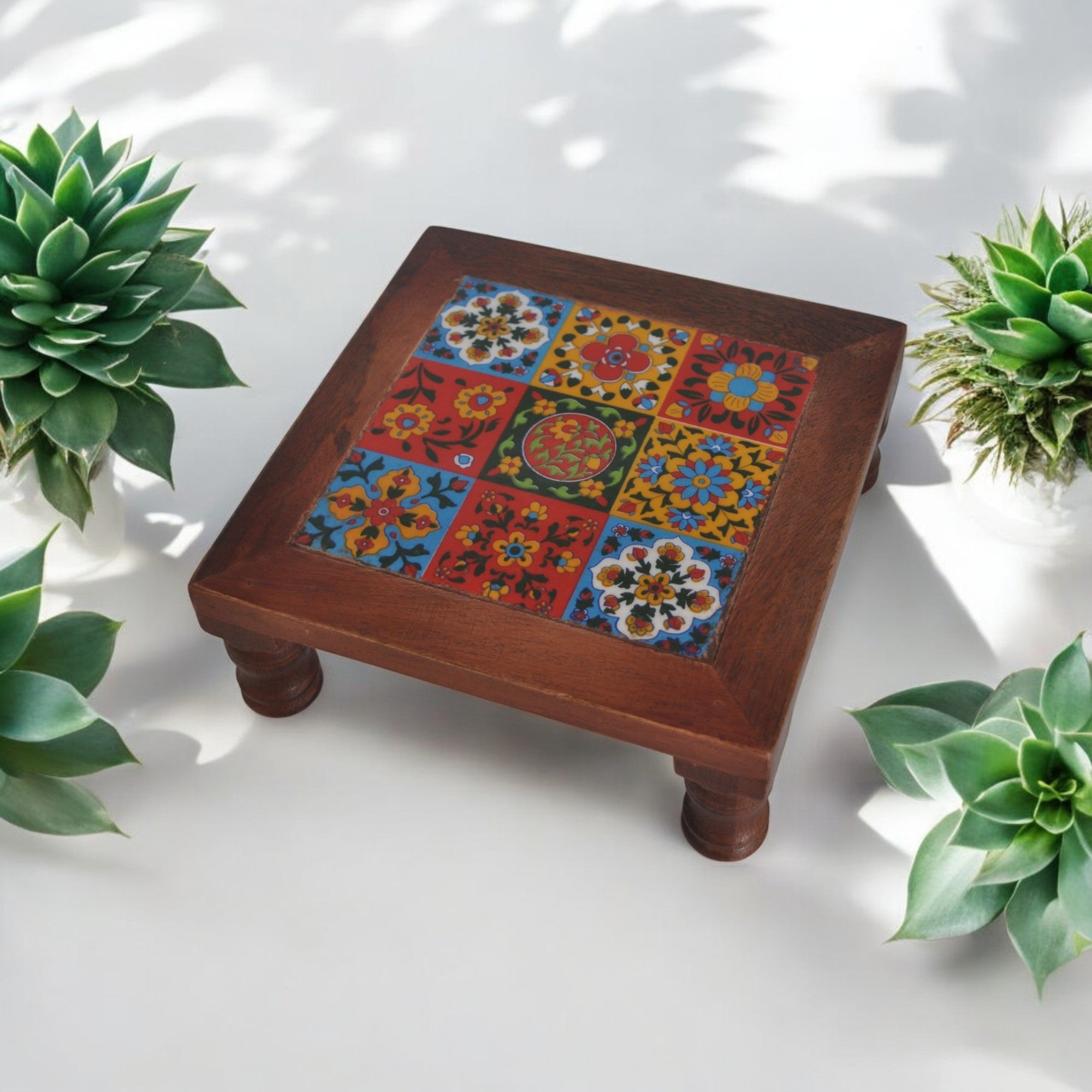 Wooden Chowki Decor With Ceramic Set of 3