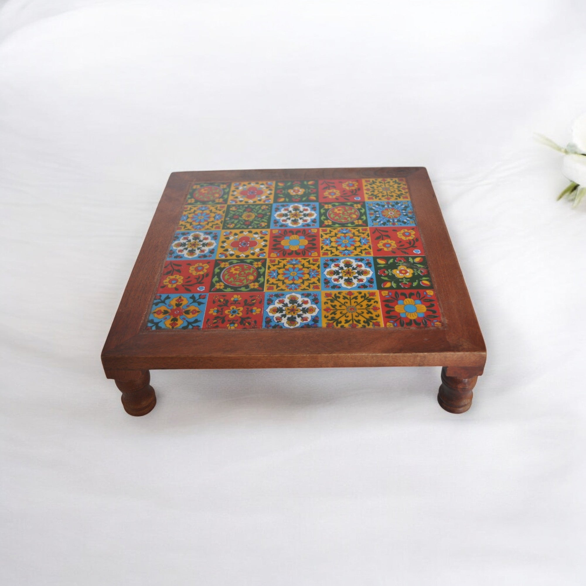 Wooden Chowki Decor With Ceramic Set of 3