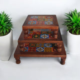 Wooden Chowki Decor With Ceramic Set of 3