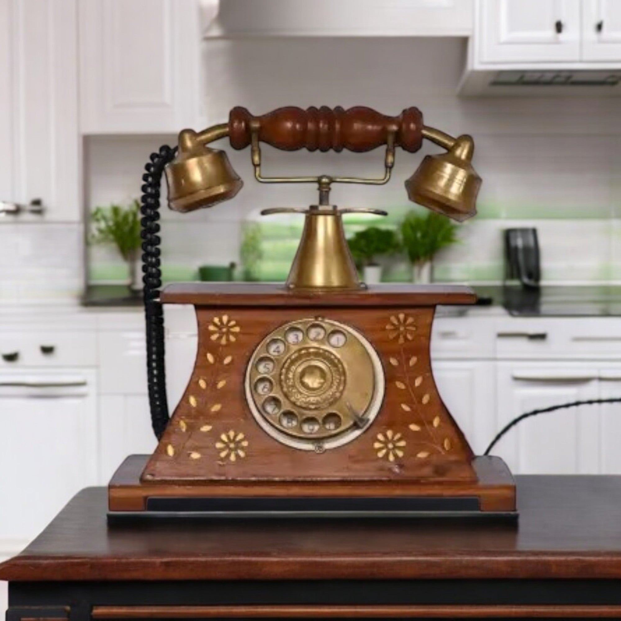 Wooden Telephone Old Style With Rotatory Numbers Dial