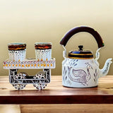 Hand Painted Aluminum Tea Kettle With Wooden Troly Set