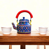 Hand Painted Aluminum Blue Tea Kettle With Wooden Troly Set