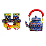 Hand Painted Aluminum Blue Tea Kettle With Wooden Troly Set