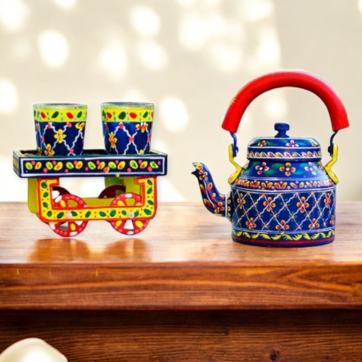 Hand Painted Aluminum Blue Tea Kettle With Wooden Troly Set