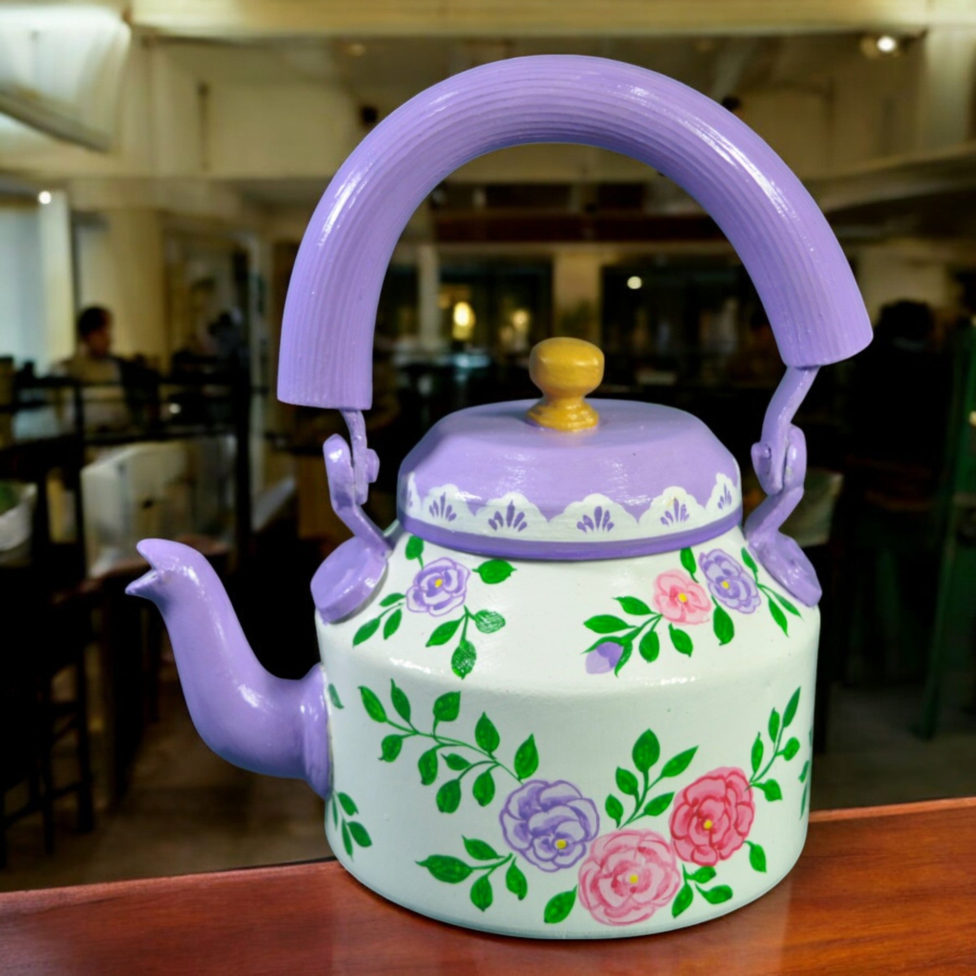 Hand Painted Aluminum Flower Tea Kettle With Wooden Troly Glass Set