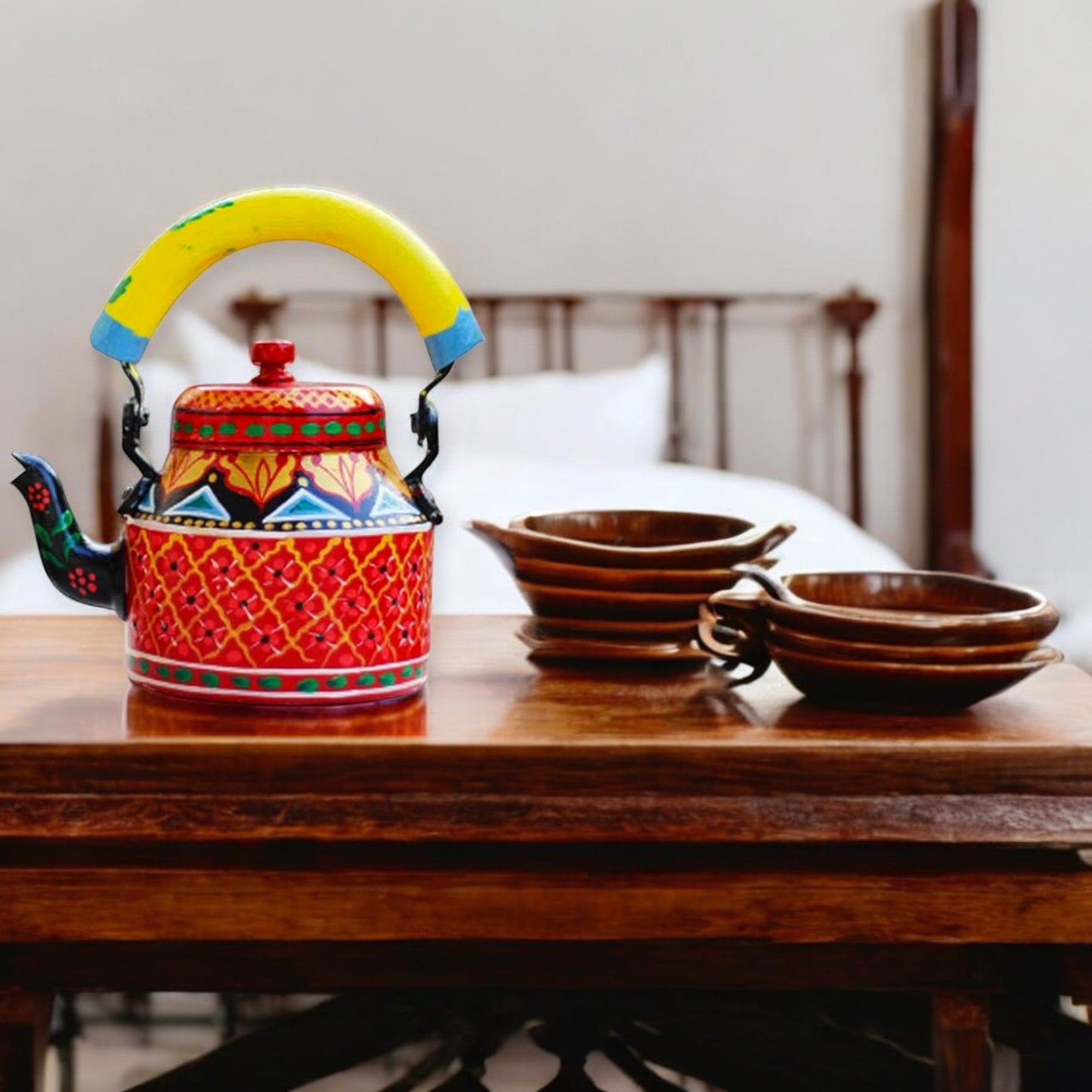 Hand Painted Aluminum Red Tea Kettle With Wooden Troly Set