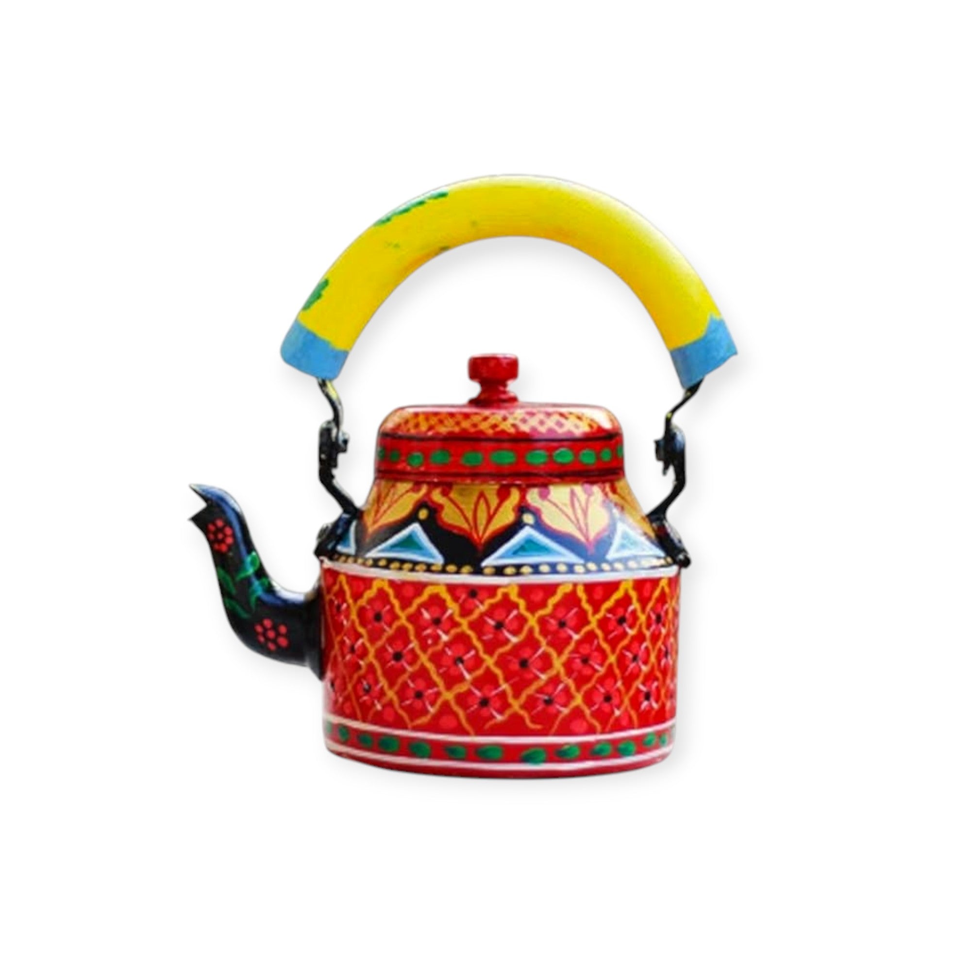 Hand Painted Aluminum Red Tea Kettle With Wooden Troly Set