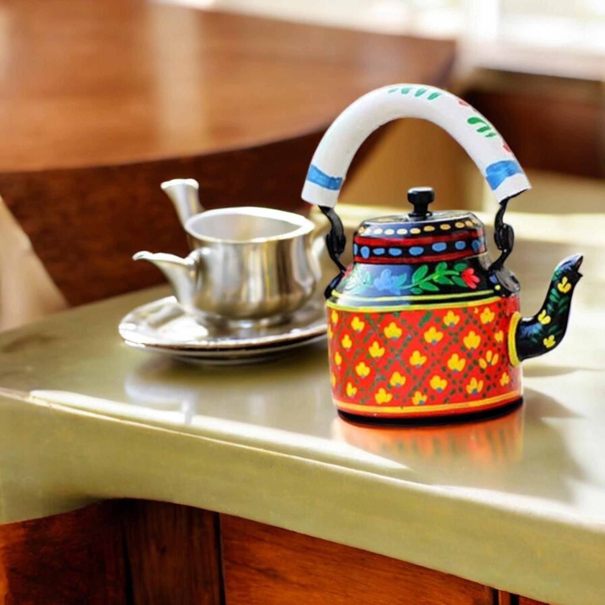 Hand Painted Aluminum Orange Tea Kettle With Wooden Troly Set