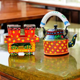 Hand Painted Aluminum Orange Tea Kettle With Wooden Troly Set