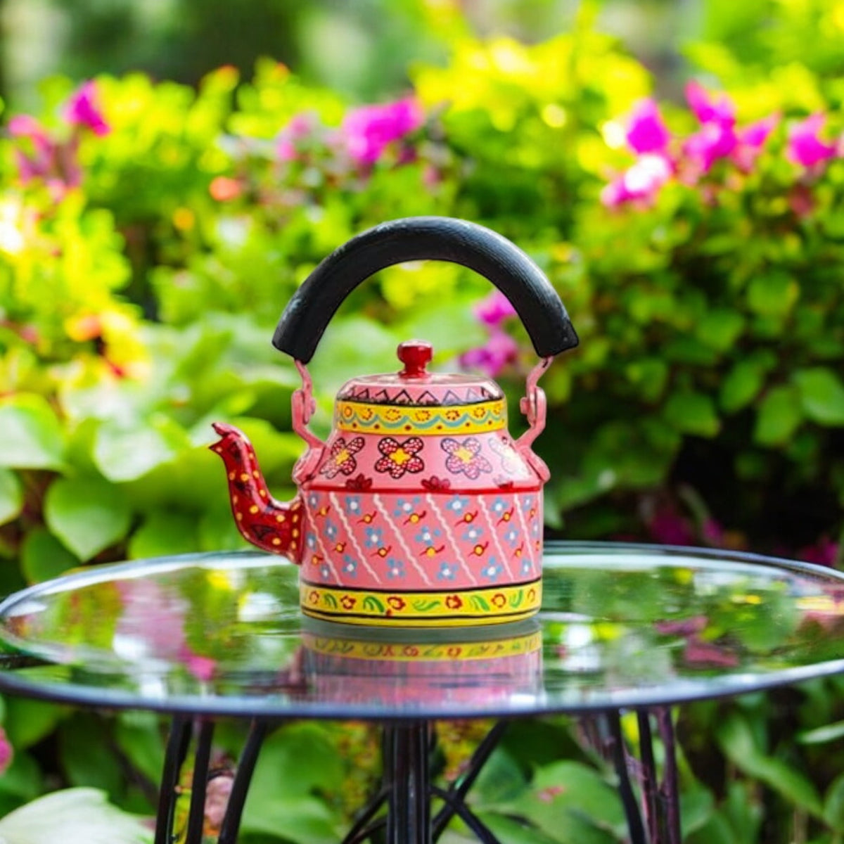 Hand Painted Aluminum Pink Tea Kettle With Wooden Troly Set