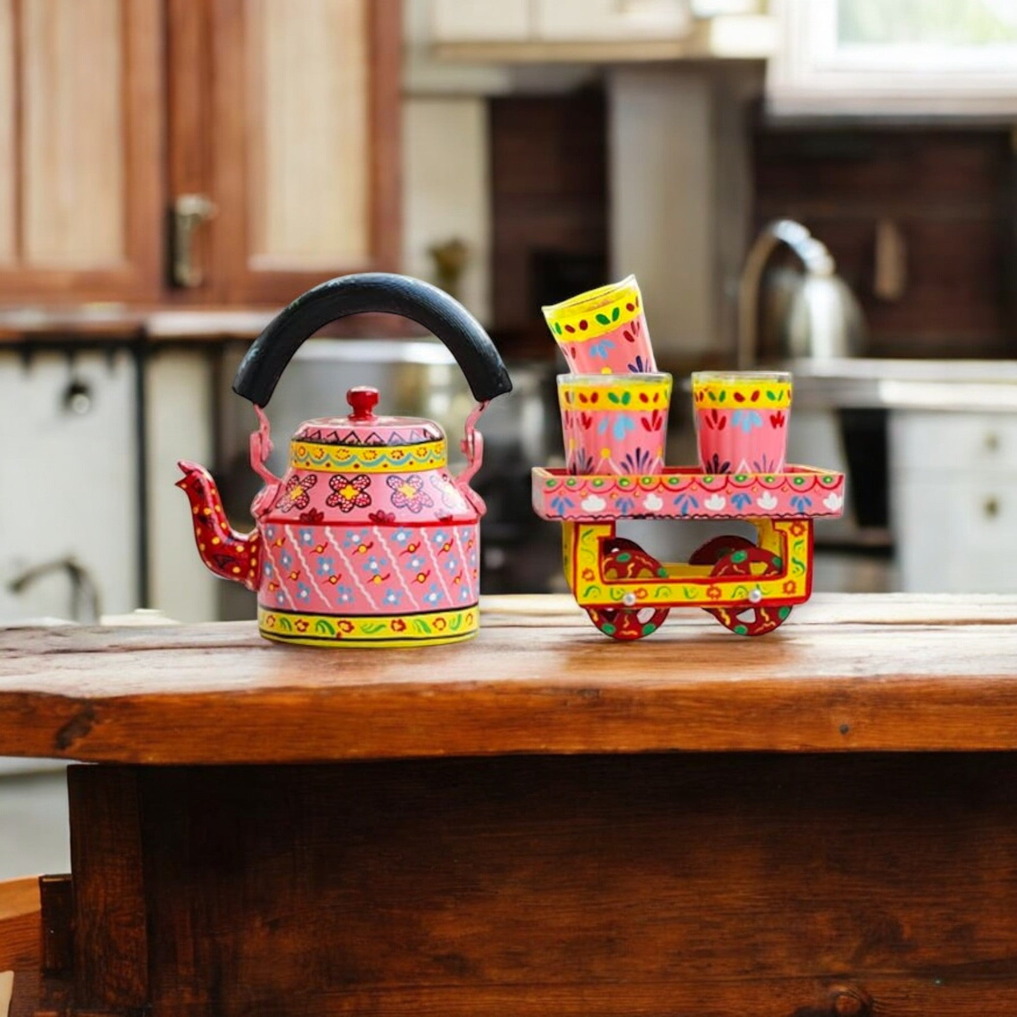 Hand Painted Aluminum Pink Tea Kettle With Wooden Troly Set