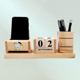 Wooden Pen Stand With Calendar & Mobile Stand for Office Table Set of 50