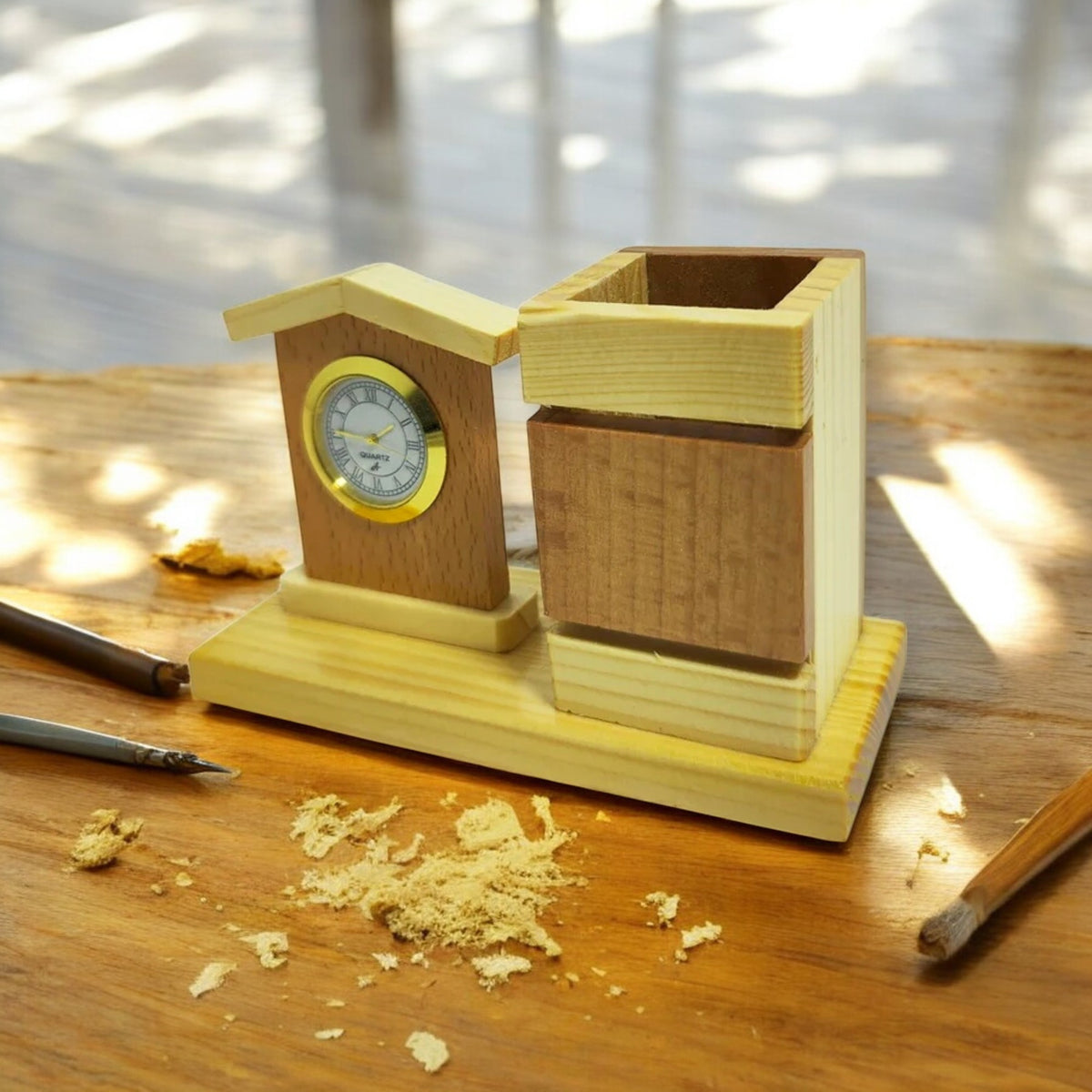 Wooden Desk Pen Holder With Clock Set of 50