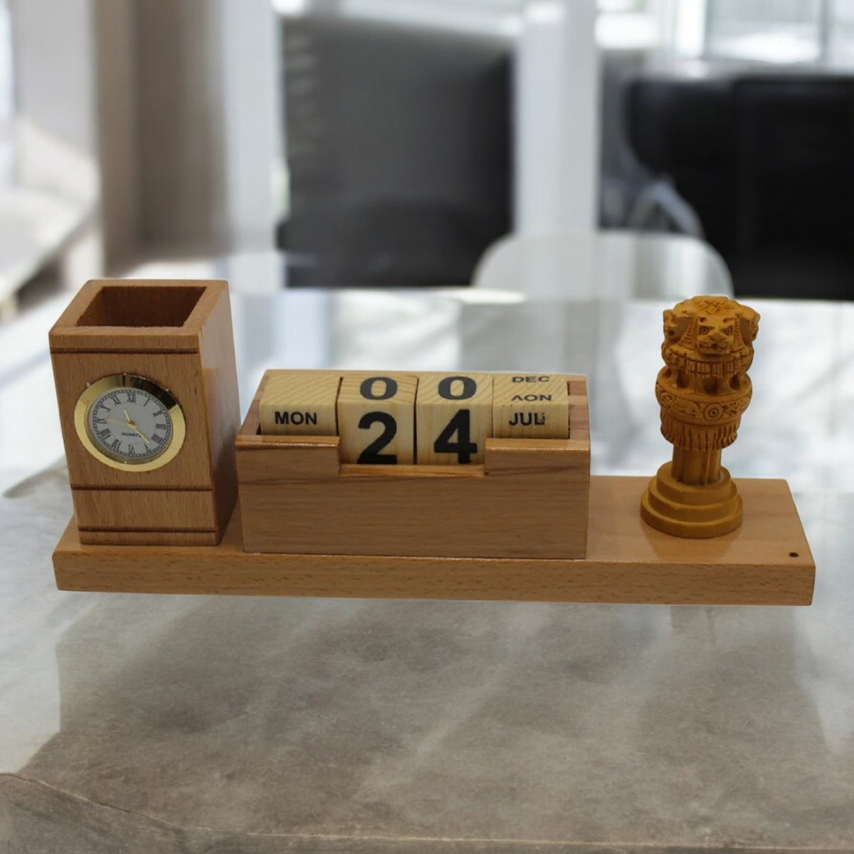 Wooden Desk Pen Holder With Calender Ashok Stambh Set of 50