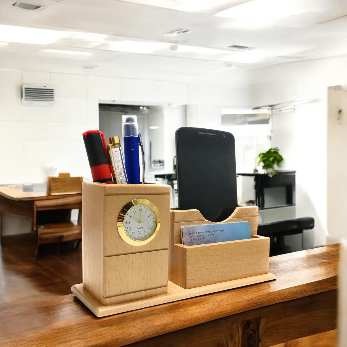 Wooden Desk Pen Holder With Clock Set of 50