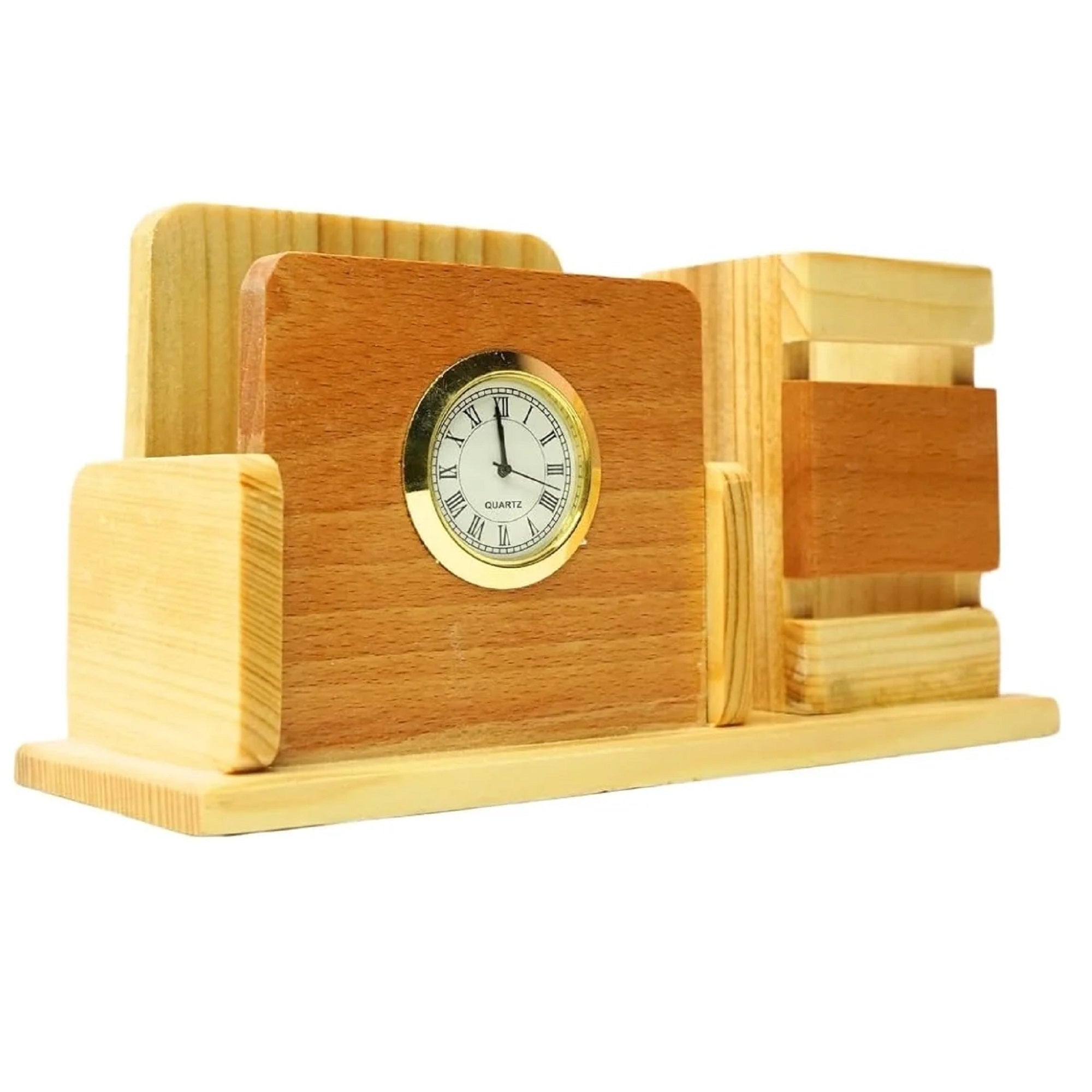 Wooden Desk Pen Holder With Clock Set of 50