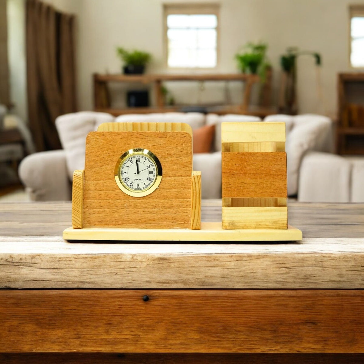 Wooden Desk Pen Holder With Clock Set of 50