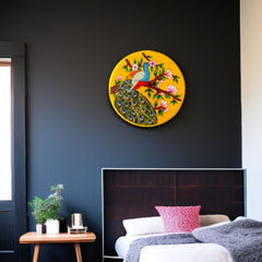 Hand-Painted Peacock Wooden Wall Plate – Floral Grace