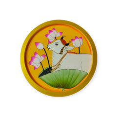 Hand-Painted Wooden Plate Cow in Lotus Pond Round Decor