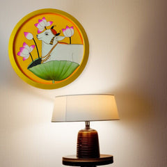 Hand-Painted Wooden Plate Cow in Lotus Pond Round Decor