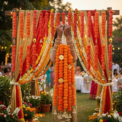 Traditional Marigold Flower Door Toran With Hanging Garlands-red