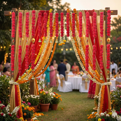 Traditional Marigold Flower Door Toran With Hanging Garlands-red