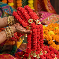 Traditional Marigold Flower Door Toran With Hanging Garlands-red