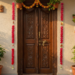 Traditional Marigold Flower Door Toran With Hanging Garlands-red