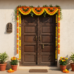 Traditional Yellow Marigold Flower Door Toran with Hanging Garlands