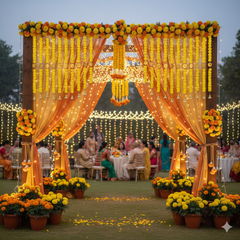 Traditional Yellow Marigold Flower Door Toran with Hanging Garlands