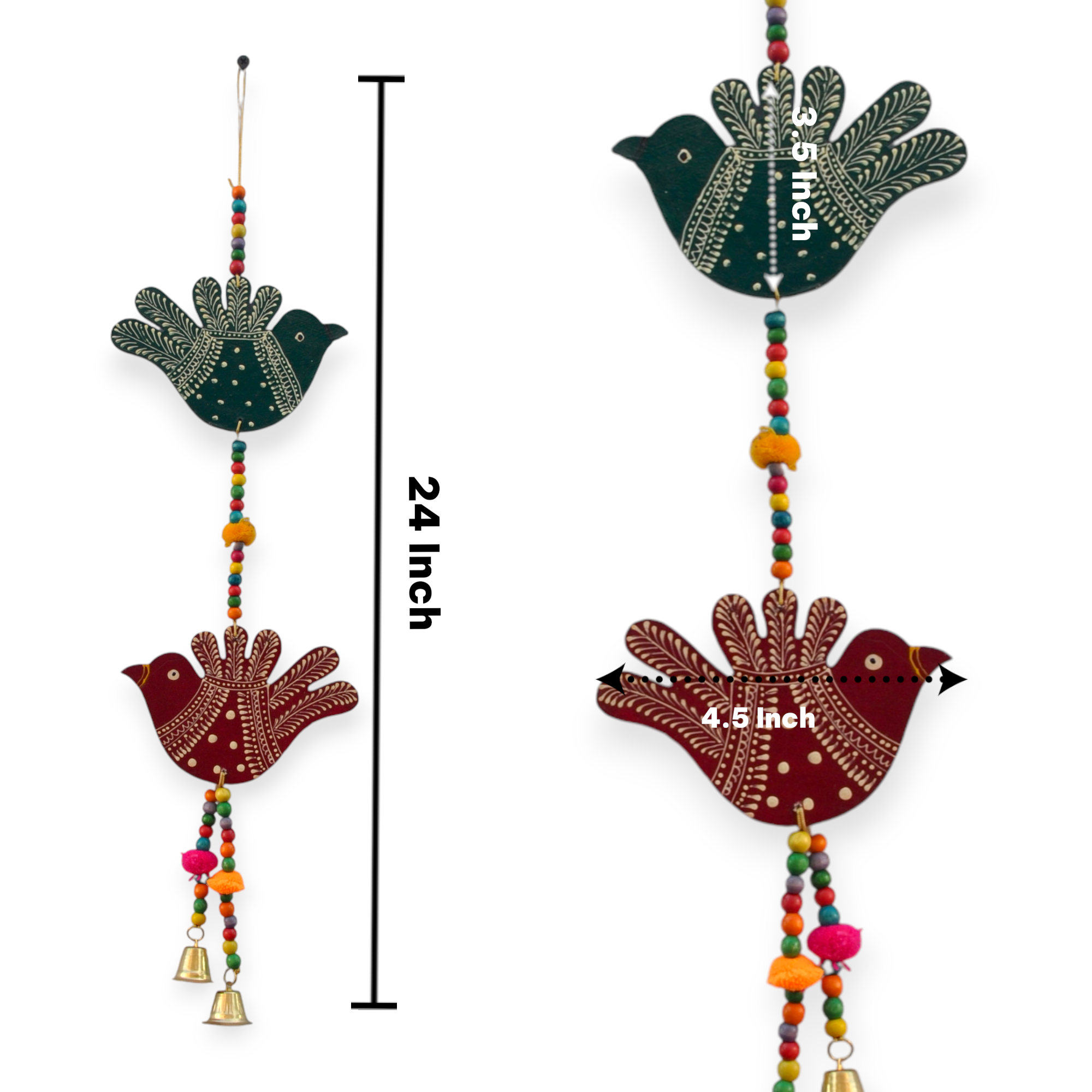 Decorative hanging with birds and colorful beads, showing measurements on a white background.