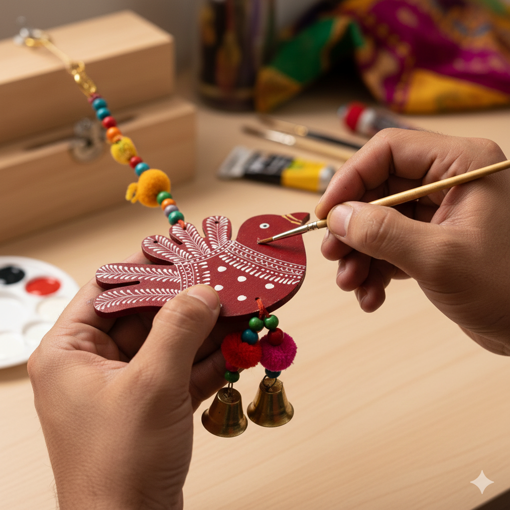 Hand painting a decorative item with colorful beads and bells on a wooden surface.