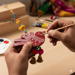 Hand painting a decorative item with colorful beads and bells on a wooden surface.
