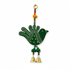 Wooden Bird Wall Hanging With Brass Bells Set Of 2 Pces