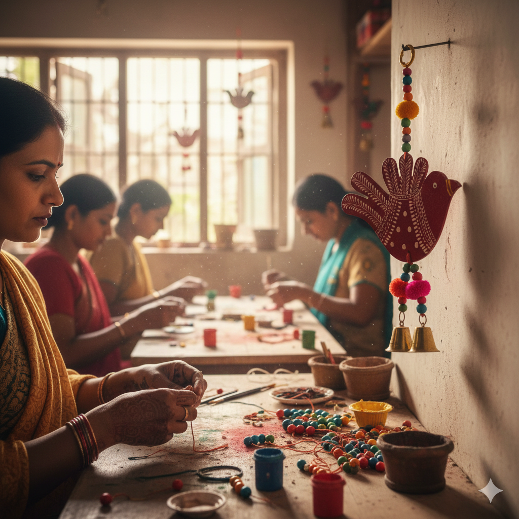People working on jewelry-making at a table with various materials and tools.