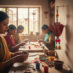 People working on jewelry-making at a table with various materials and tools.