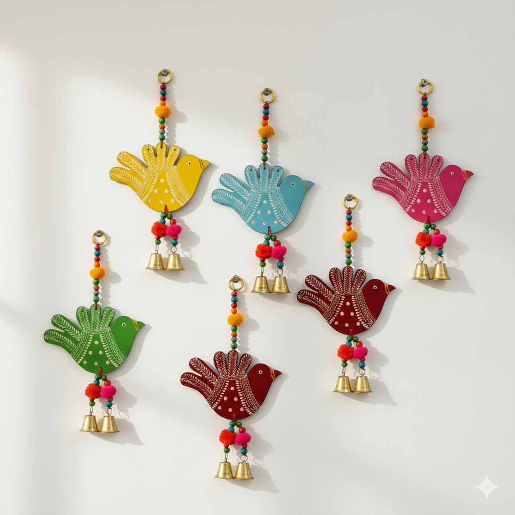 Colorful bird-shaped wall hangings with bells on a white background