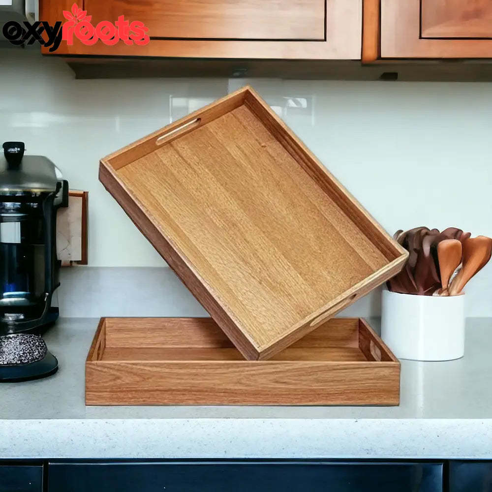 Hand Tray Acacia Wooden Serving Tray With Handles Set of 2 - Oxyroots Handicraft