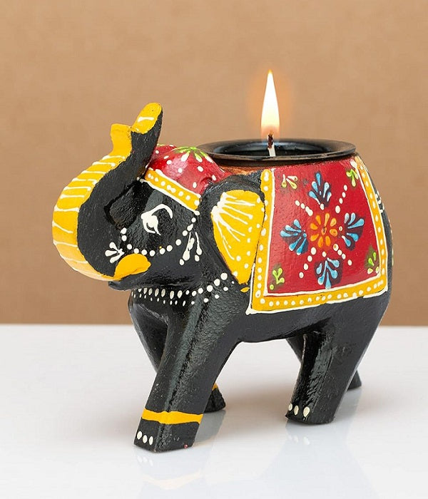 Wooden Elephant Tea Light Candle Holder Decor set of 2 pc