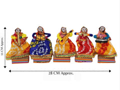 Colorful dolls in traditional attire with measurements on a white background